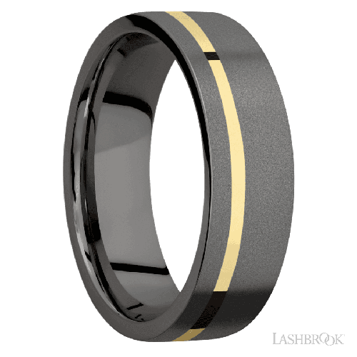 7 mm wide/Flat/Tantalum Noir band with one 1 mm Off Center inlay of 14K Yellow Gold.