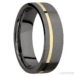7 mm wide/Flat/Tantalum Noir band with one 1 mm Off Center inlay of 14K Yellow Gold.