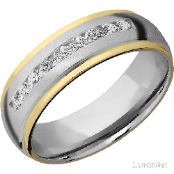 7 mm wide/Domed Stepped Down Edges/Cobalt Chrome band with an  arrangement of 9, .05 carat Round Lab Grown Diamond stones in a Channel setting and featuring two 1 mm Edge inlays of 14K Yellow Gold