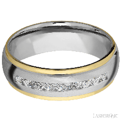 7 mm wide/Domed Stepped Down Edges/Cobalt Chrome band with an  arrangement of 9, .05 carat Round Lab Grown Diamond stones in a Channel setting and featuring two 1 mm Edge inlays of 14K Yellow Gold