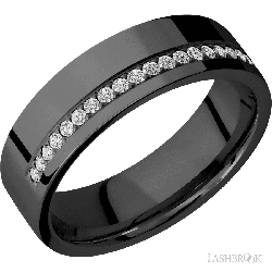 7 mm wide/Flat/Zirconium band with a Off Center Half Eternity arrangement of .015 carat Round Diamond stones in a Bead setting.