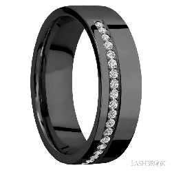 7 mm wide/Flat/Zirconium band with a Off Center Half Eternity arrangement of .015 carat Round Diamond stones in a Bead setting.