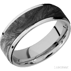 7 mm wide/Flat Grooved Edges/Cobalt Chrome band with one 5 mm Raised Centered inlay of Forged Carbon Fiber.