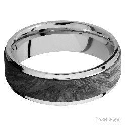 7 mm wide/Flat Grooved Edges/Cobalt Chrome band with one 5 mm Raised Centered inlay of Forged Carbon Fiber.