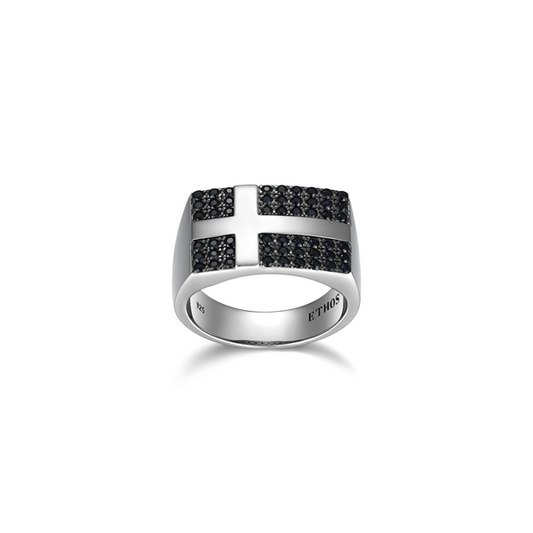 Gunmetal Rhodium Plated Black Sapphire Cross Ring