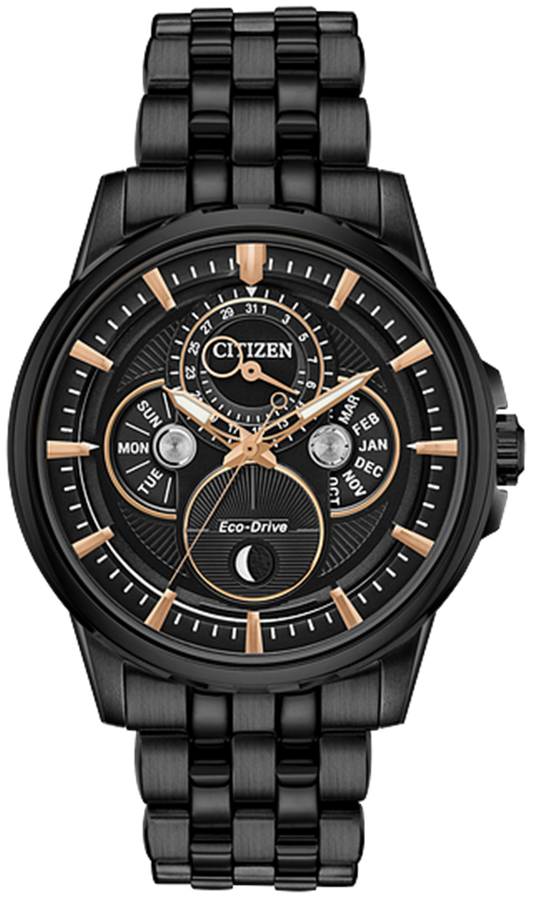 Citizen Eco-Drive Calendrier Moonphase Black Ion-Plated Stainless Steel Watch with Link Style Band