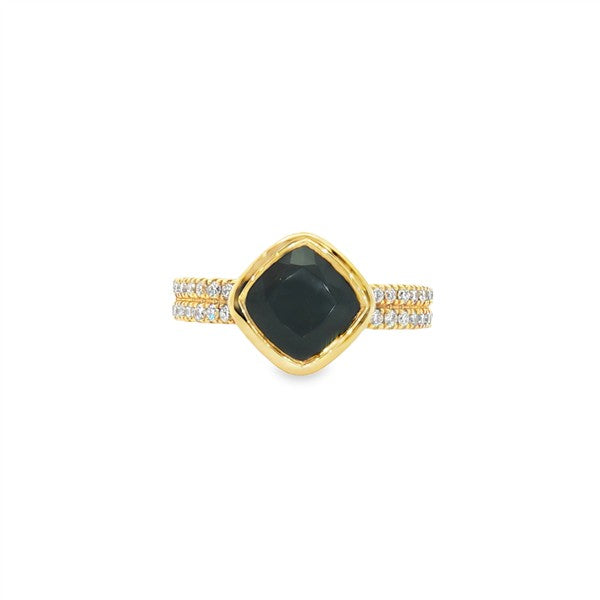 14K Kite-Set Bezel Black Agate & Diamond Two Row Fashion Ring