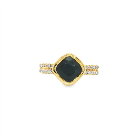 14K Kite-Set Bezel Black Agate & Diamond Two Row Fashion Ring