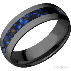 7 mm wide/Domed/Zirconium band with one 3 mm Centered inlay of Blue Tiger Eye.