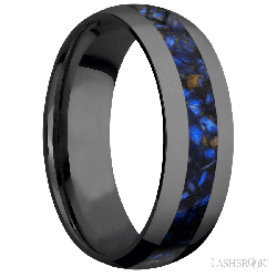 7 mm wide/Domed/Zirconium band with one 3 mm Centered inlay of Blue Tiger Eye.