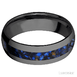 7 mm wide/Domed/Zirconium band with one 3 mm Centered inlay of Blue Tiger Eye.
