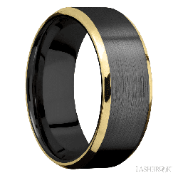 8 mm wide/Beveled/Zirconium band with two 1 mm Edge inlays of 14K Yellow Gold.