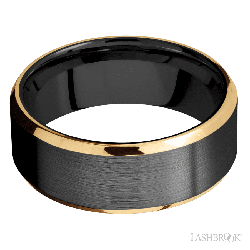 8 mm wide/Beveled/Zirconium band with two 1 mm Edge inlays of 14K Yellow Gold.