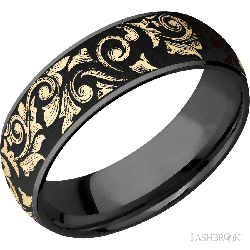 7 mm wide/Domed/Zirconium band with one 6 mm Centered inlay of 14K Yellow Gold with a laser carved Western Scroll pattern.