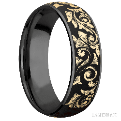 7 mm wide/Domed/Zirconium band with one 6 mm Centered inlay of 14K Yellow Gold with a laser carved Western Scroll pattern.