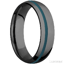 6 mm wide/Domed/Zirconium band with one 1 mm Off Center inlay of Ridgeway Blue.