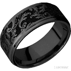 9 mm wide/Flat Grooved Edges/Zirconium band with a laser carved Black Leaf pattern.