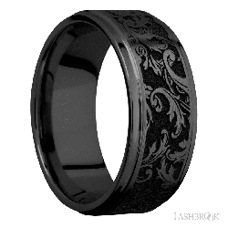 9 mm wide/Flat Grooved Edges/Zirconium band with a laser carved Black Leaf pattern.
