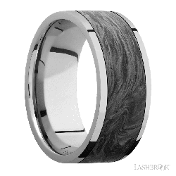 9 mm wide/Flat/Titanium band with one 7 mm Centered inlay of Forged Carbon Fiber.