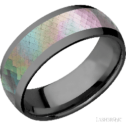 8 mm wide/Domed/Zirconium band with one 5 mm Centered inlay of Black Mother of Pearl.