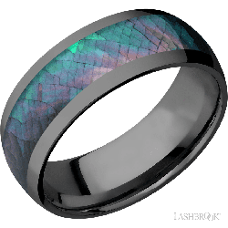 8 mm wide/Domed/Zirconium band with one 5 mm Centered inlay of Black Mother of Pearl.