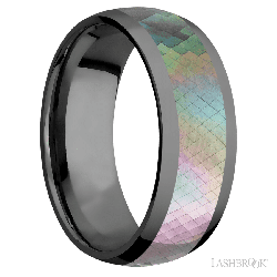 8 mm wide/Domed/Zirconium band with one 5 mm Centered inlay of Black Mother of Pearl.