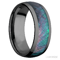 8 mm wide/Domed/Zirconium band with one 5 mm Centered inlay of Black Mother of Pearl.
