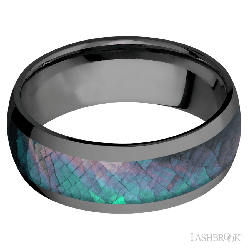 8 mm wide/Domed/Zirconium band with one 5 mm Centered inlay of Black Mother of Pearl.