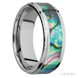 8 mm wide/Flat Grooved Edges/Cobalt Chrome band with one 5 mm Centered inlay of Abalone.