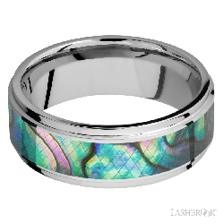 8 mm wide/Flat Grooved Edges/Cobalt Chrome band with one 5 mm Centered inlay of Abalone.