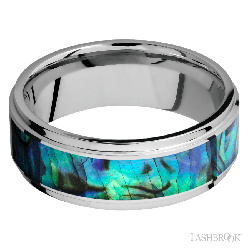 8 mm wide/Flat Grooved Edges/Cobalt Chrome band with one 5 mm Centered inlay of Abalone.