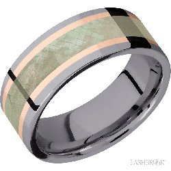 8 mm wide/Flat/Tantalum band featuring inlays of 14K Rose Gold and Freshwater Mother of Pearl.