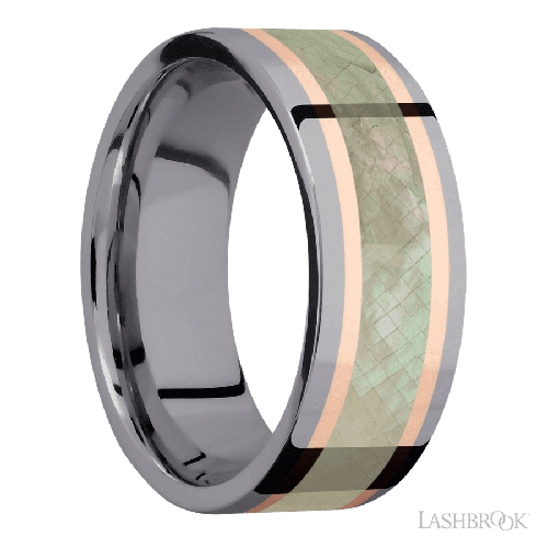 8 mm wide/Flat/Tantalum band featuring inlays of 14K Rose Gold and Freshwater Mother of Pearl.