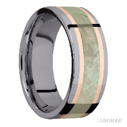 8 mm wide/Flat/Tantalum band featuring inlays of 14K Rose Gold and Freshwater Mother of Pearl.