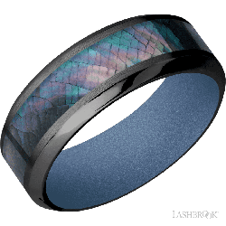 8 mm wide/High Bevel/Zirconium band with one 4 mm Centered inlay of Black Mother of Pearl also featuring a Crushed Orchid sleeve.