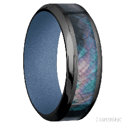8 mm wide/High Bevel/Zirconium band with one 4 mm Centered inlay of Black Mother of Pearl also featuring a Crushed Orchid sleeve.