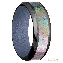 8 mm wide/High Bevel/Zirconium band with one 4 mm Centered inlay of Black Mother of Pearl also featuring a Crushed Orchid sleeve.