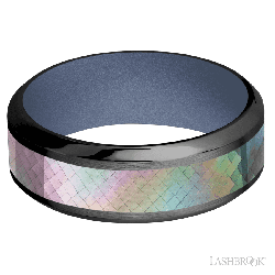 8 mm wide/High Bevel/Zirconium band with one 4 mm Centered inlay of Black Mother of Pearl also featuring a Crushed Orchid sleeve.