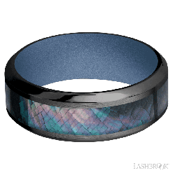 8 mm wide/High Bevel/Zirconium band with one 4 mm Centered inlay of Black Mother of Pearl also featuring a Crushed Orchid sleeve.