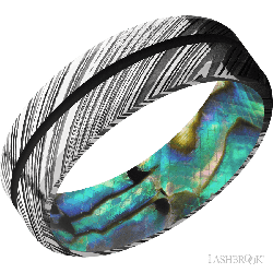 7 mm wide/Beveled/Woodgrain band with one 1 mm Centered inlay of Black also featuring a Abalone sleeve.