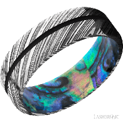 7 mm wide/Beveled/Woodgrain band with one 1 mm Centered inlay of Black also featuring a Abalone sleeve.