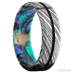 7 mm wide/Beveled/Woodgrain band with one 1 mm Centered inlay of Black also featuring a Abalone sleeve.