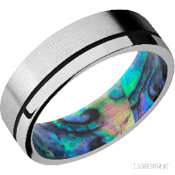7 mm wide/Flat/14K White Gold band with one 0.5 mm Off Center inlay of Black also featuring a Abalone sleeve.