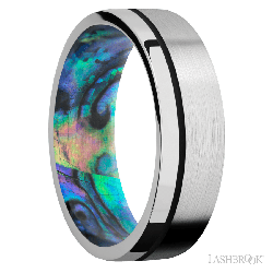 7 mm wide/Flat/14K White Gold band with one 0.5 mm Off Center inlay of Black also featuring a Abalone sleeve.