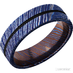 7 mm wide/Flat/Titanium Damascus band with one 1 mm Centered inlay of Black.