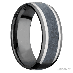 8 mm wide/Domed/Zirconium band featuring inlays of 14K White Gold and Blue Sapphire.