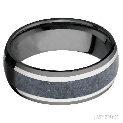 8 mm wide/Domed/Zirconium band featuring inlays of 14K White Gold and Blue Sapphire.