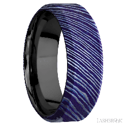 8 mm wide High Bevel Titanium Damascus band featuring a Zirconium sleeve.