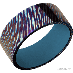 9 mm wide Flat Titanium Damascus band featuring a Royal Blue sleeve.