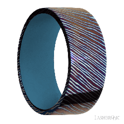 9 mm wide Flat Titanium Damascus band featuring a Royal Blue sleeve.